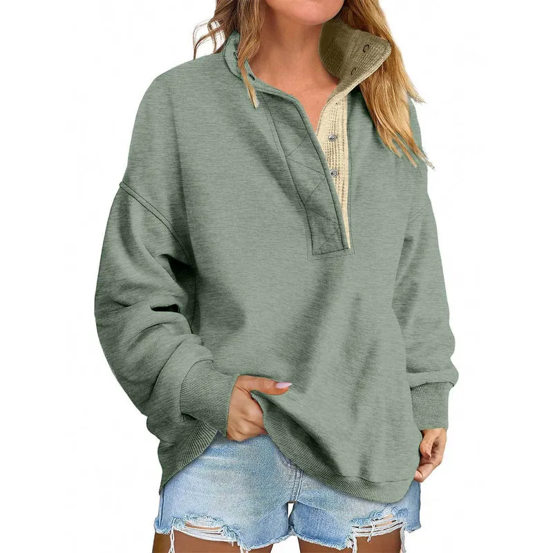 Damen Oversize-Henley-Sweatshirt mit Stehkragen und Druckknopfleiste Nord Taschen