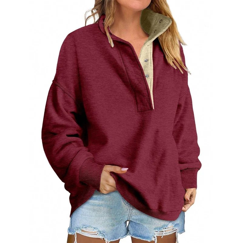 Damen Oversize-Henley-Sweatshirt mit Stehkragen und Druckknopfleiste Nord Taschen