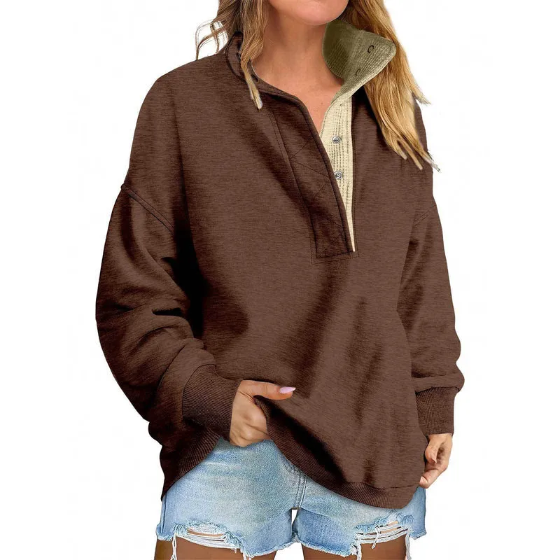 Damen Oversize-Henley-Sweatshirt mit Stehkragen und Druckknopfleiste Nord Taschen