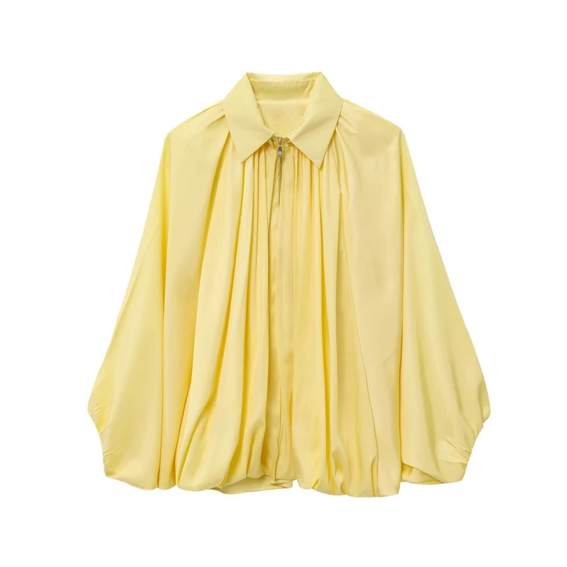 Damen Oversize-Hemdbluse mit Reißverschluss, Kräuselung und Ballonärmeln Nord Taschen