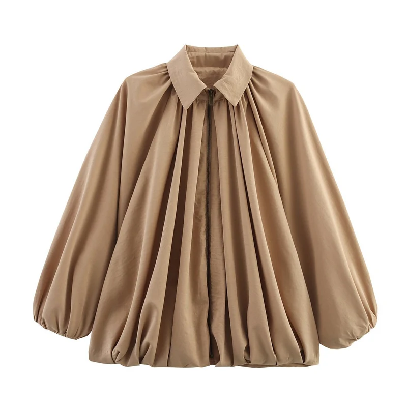Damen Oversize-Hemdbluse mit Reißverschluss, Kräuselung und Ballonärmeln Nord Taschen