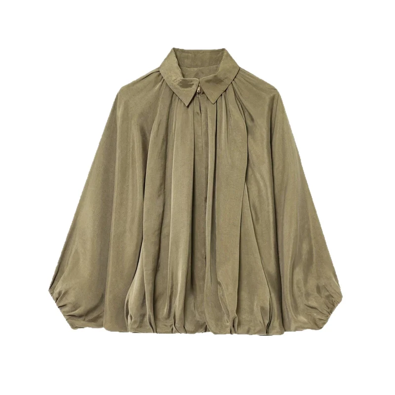 Damen Oversize-Hemdbluse mit Reißverschluss, Kräuselung und Ballonärmeln Nord Taschen