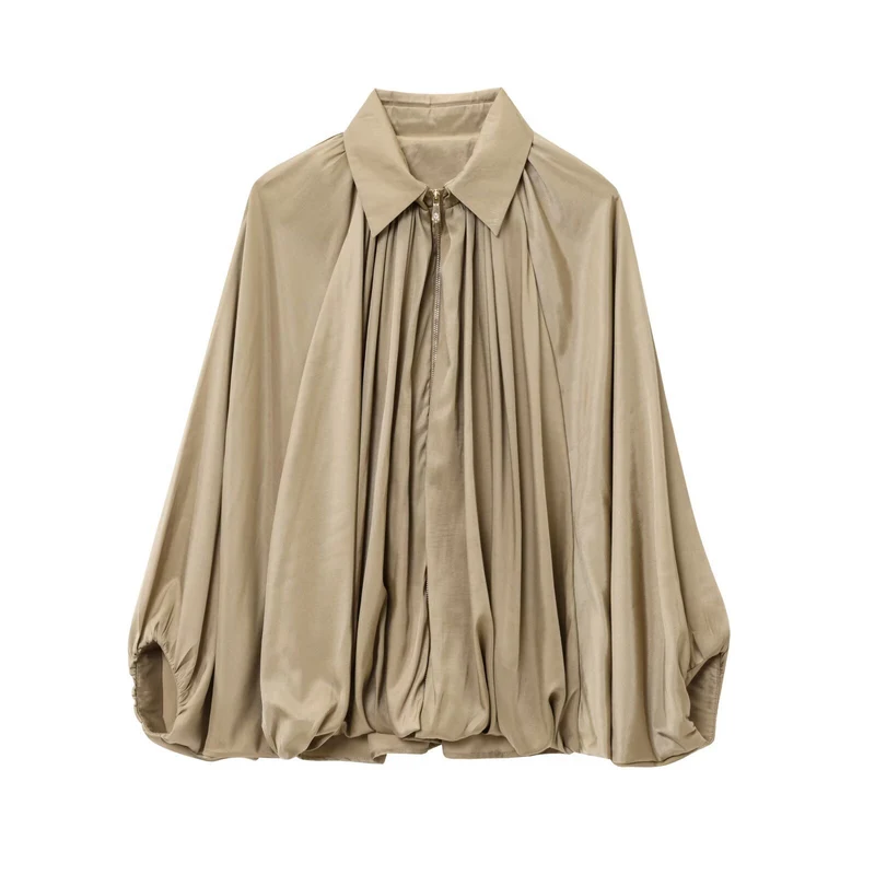 Damen Oversize-Hemdbluse mit Reißverschluss, Kräuselung und Ballonärmeln Nord Taschen