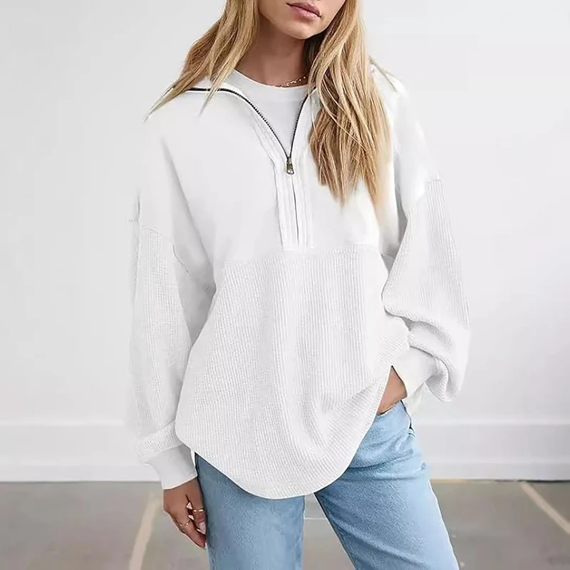 Damen Oversize-Halbzip-Pullover mit Waffelstrick-Einsätzen Nord Taschen
