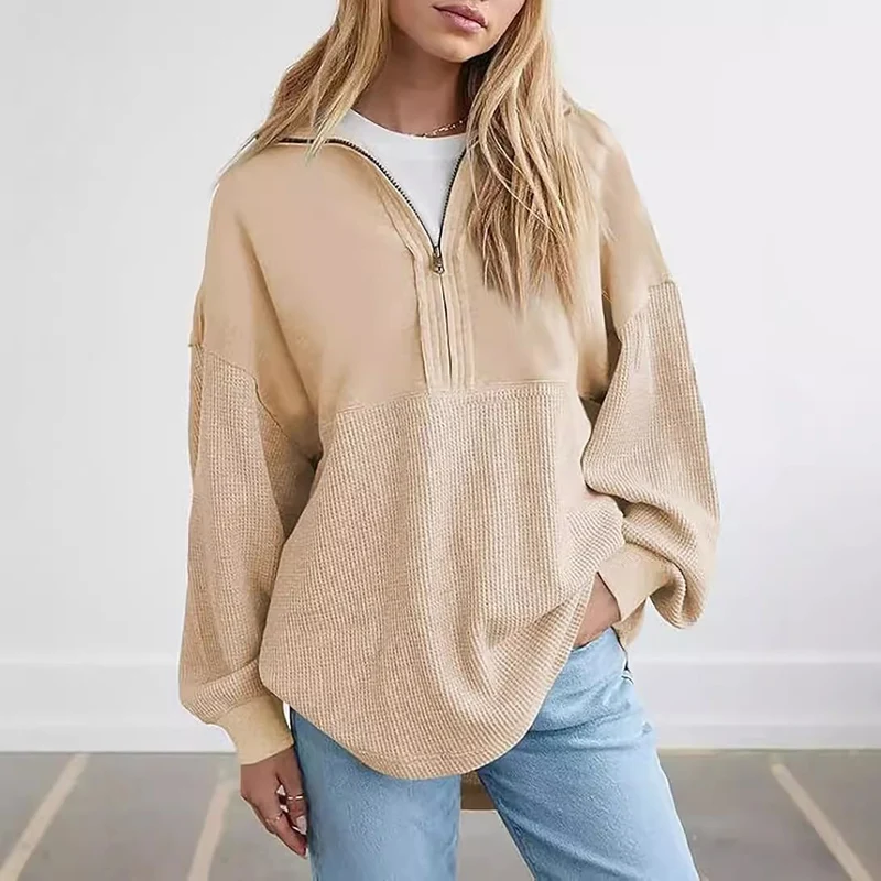 Damen Oversize-Halbzip-Pullover mit Waffelstrick-Einsätzen Nord Taschen