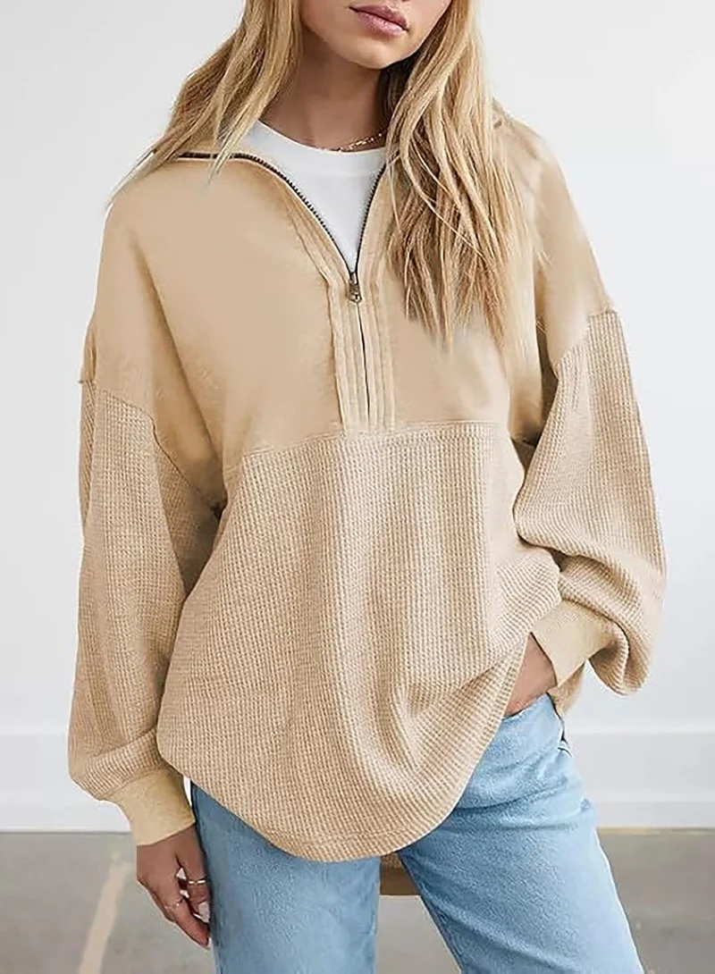 Damen Oversize-Halbzip-Pullover mit Waffelstrick-Einsätzen Nord Taschen