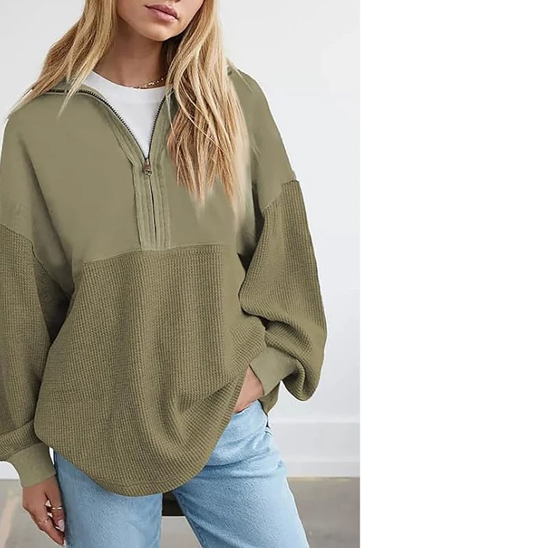 Damen Oversize-Halbzip-Pullover mit Waffelstrick-Einsätzen Nord Taschen