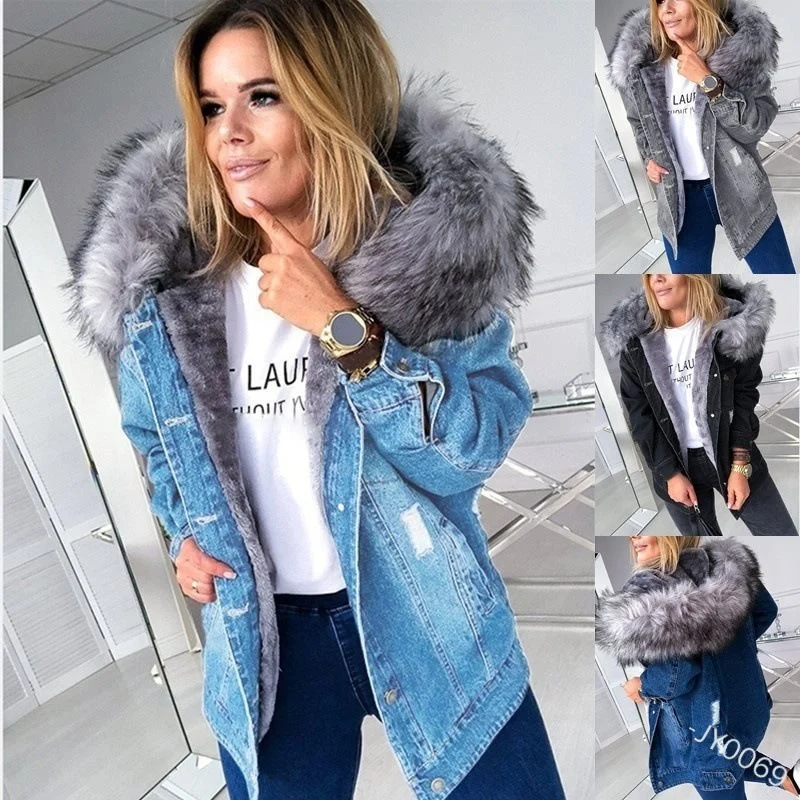 Damen Oversize Denim-Parka mit abnehmbarem Kunstpelzkragen und Used-Effekt Nord Taschen