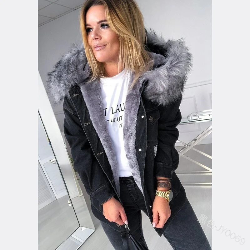 Damen Oversize Denim-Parka mit abnehmbarem Kunstpelzkragen und Used-Effekt Nord Taschen