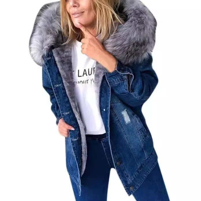 Damen Oversize Denim-Parka mit abnehmbarem Kunstpelzkragen und Used-Effekt Nord Taschen