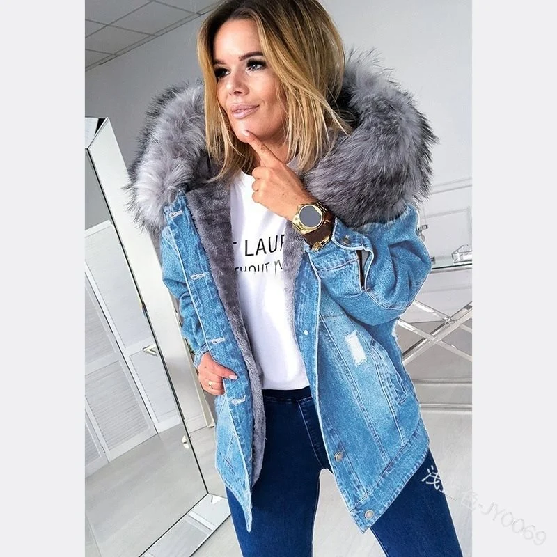 Damen Oversize Denim-Parka mit abnehmbarem Kunstpelzkragen und Used-Effekt Nord Taschen