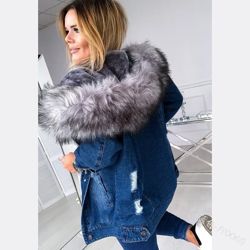 Damen Oversize Denim-Parka mit abnehmbarem Kunstpelzkragen und Used-Effekt Nord Taschen