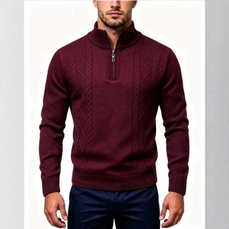 Herren Strukturierter Halbzip-Pullover mit Stehkragen und Zopfmuster-Details Nord Taschen