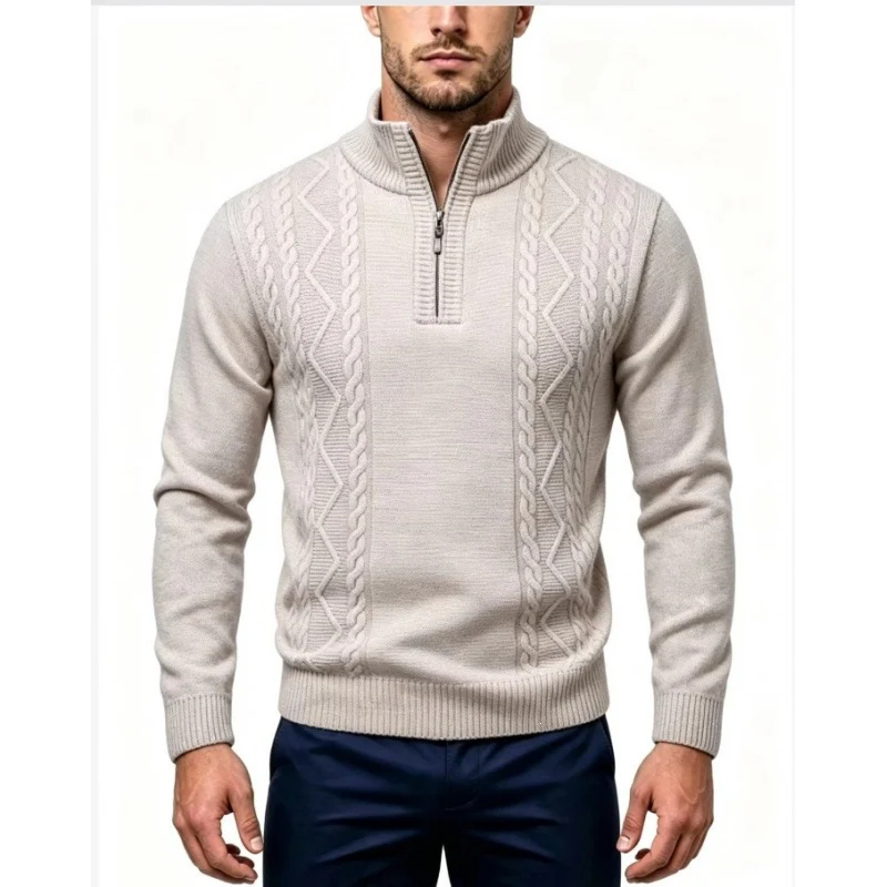 Herren Strukturierter Halbzip-Pullover mit Stehkragen und Zopfmuster-Details Nord Taschen