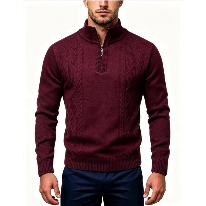 Herren Strukturierter Halbzip-Pullover mit Stehkragen und Zopfmuster-Details Nord Taschen