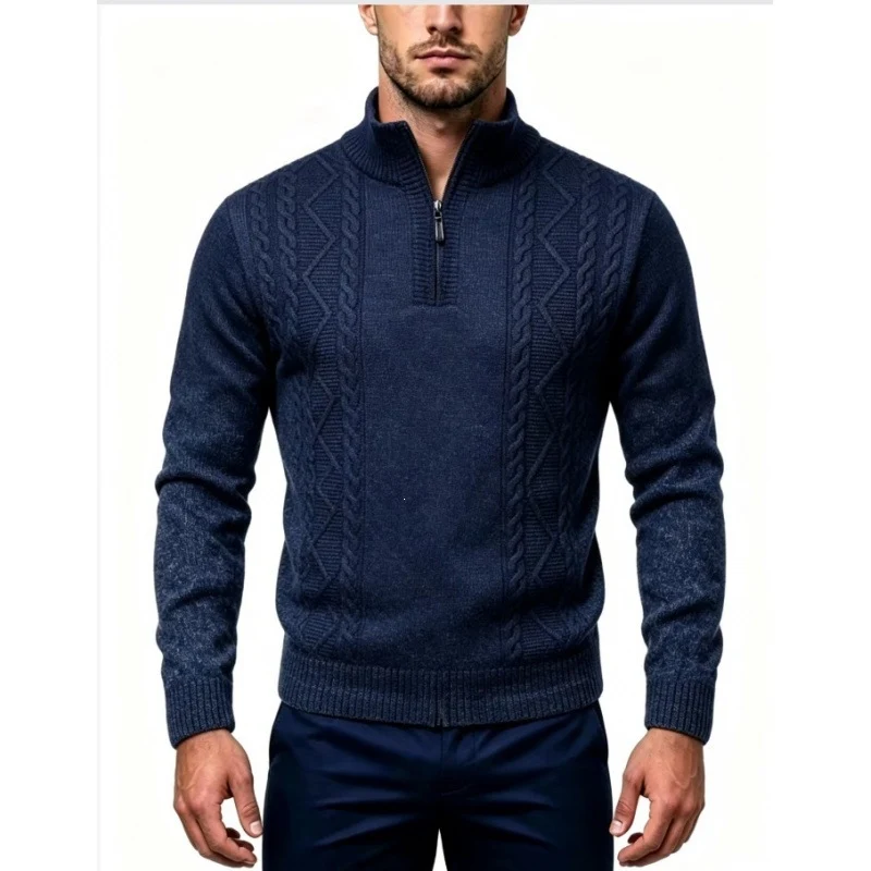 Herren Strukturierter Halbzip-Pullover mit Stehkragen und Zopfmuster-Details Nord Taschen