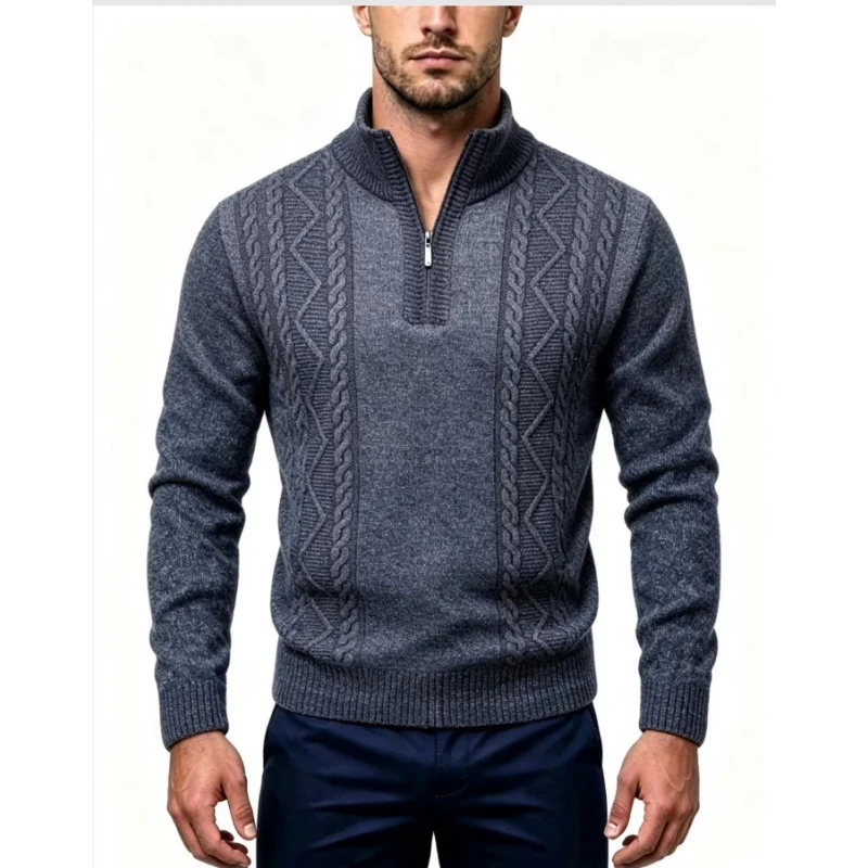 Herren Strukturierter Halbzip-Pullover mit Stehkragen und Zopfmuster-Details Nord Taschen