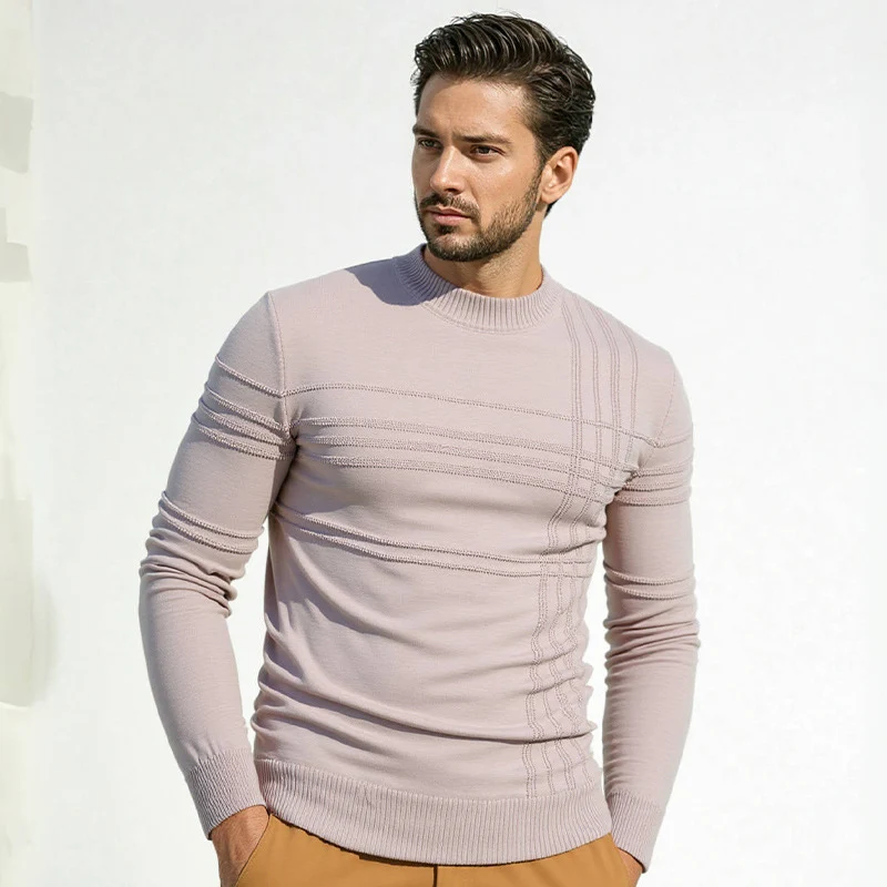 Herren Strukturierter Feinstrickpullover mit Rundhalsausschnitt und dekorativen Streifen-Reliefnähten Nord Taschen