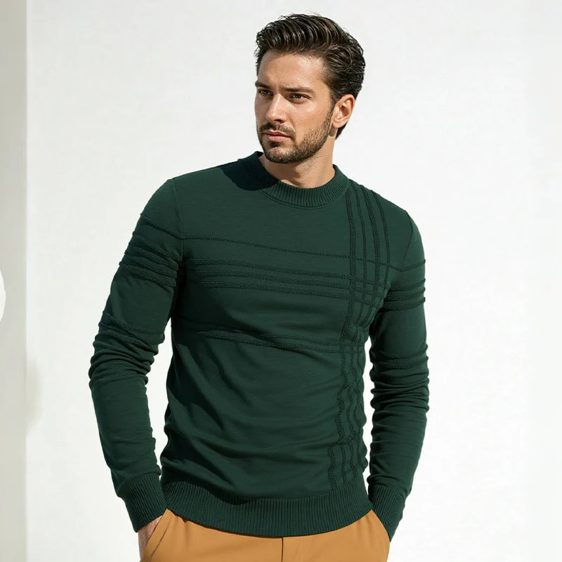 Herren Strukturierter Feinstrickpullover mit Rundhalsausschnitt und dekorativen Streifen-Reliefnähten Nord Taschen