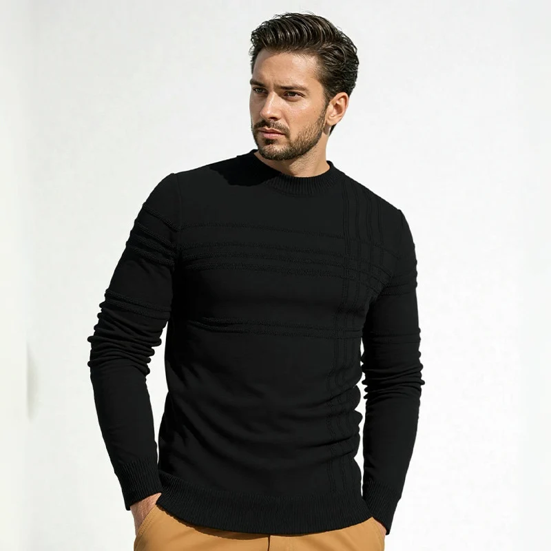 Herren Strukturierter Feinstrickpullover mit Rundhalsausschnitt und dekorativen Streifen-Reliefnähten Nord Taschen