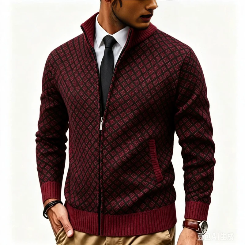 Herren Strukturierte Strickjacke mit Stehkragen und Diamant-Jacquard Nord Taschen