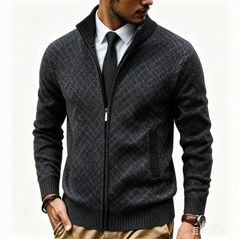 Herren Strukturierte Strickjacke mit Stehkragen und Diamant-Jacquard Nord Taschen