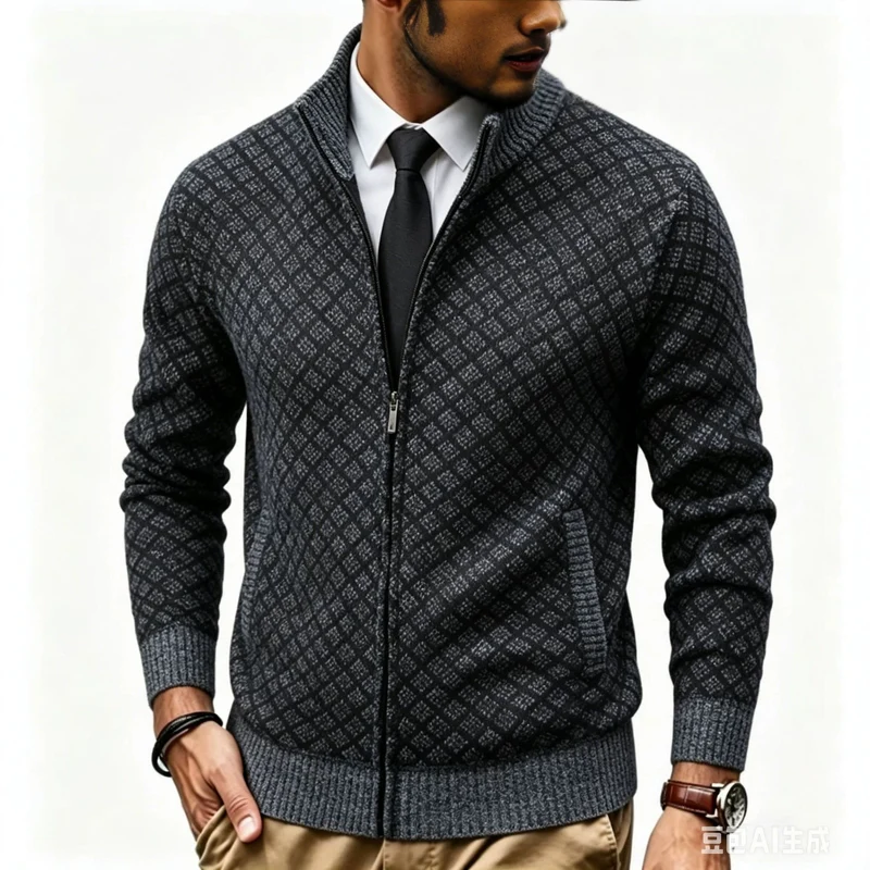 Herren Strukturierte Strickjacke mit Stehkragen und Diamant-Jacquard Nord Taschen