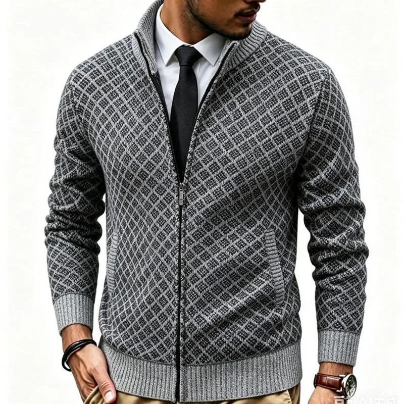 Herren Strukturierte Strickjacke mit Stehkragen und Diamant-Jacquard Nord Taschen
