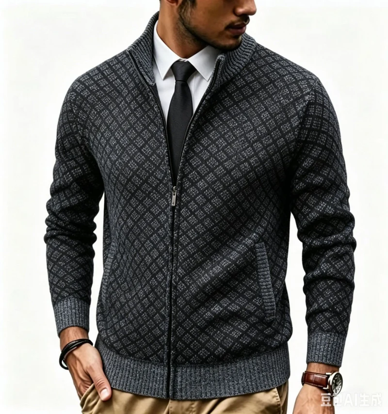 Herren Strukturierte Strickjacke mit Stehkragen und Diamant-Jacquard Nord Taschen