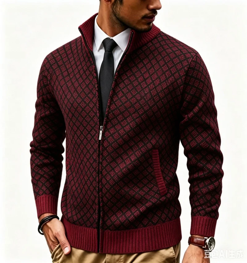 Herren Strukturierte Strickjacke mit Stehkragen und Diamant-Jacquard Nord Taschen