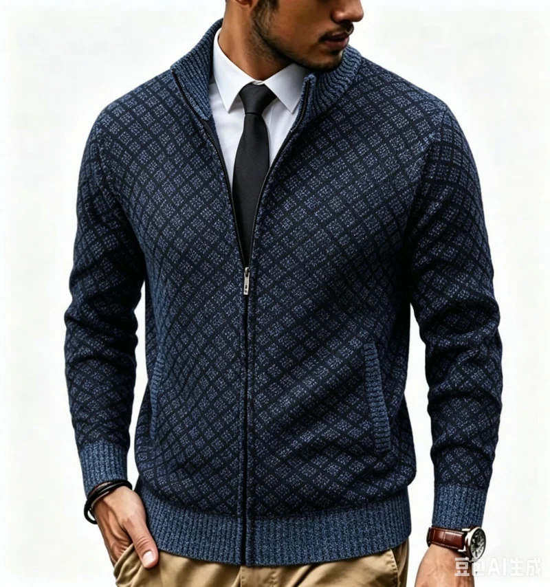 Herren Strukturierte Strickjacke mit Stehkragen und Diamant-Jacquard Nord Taschen