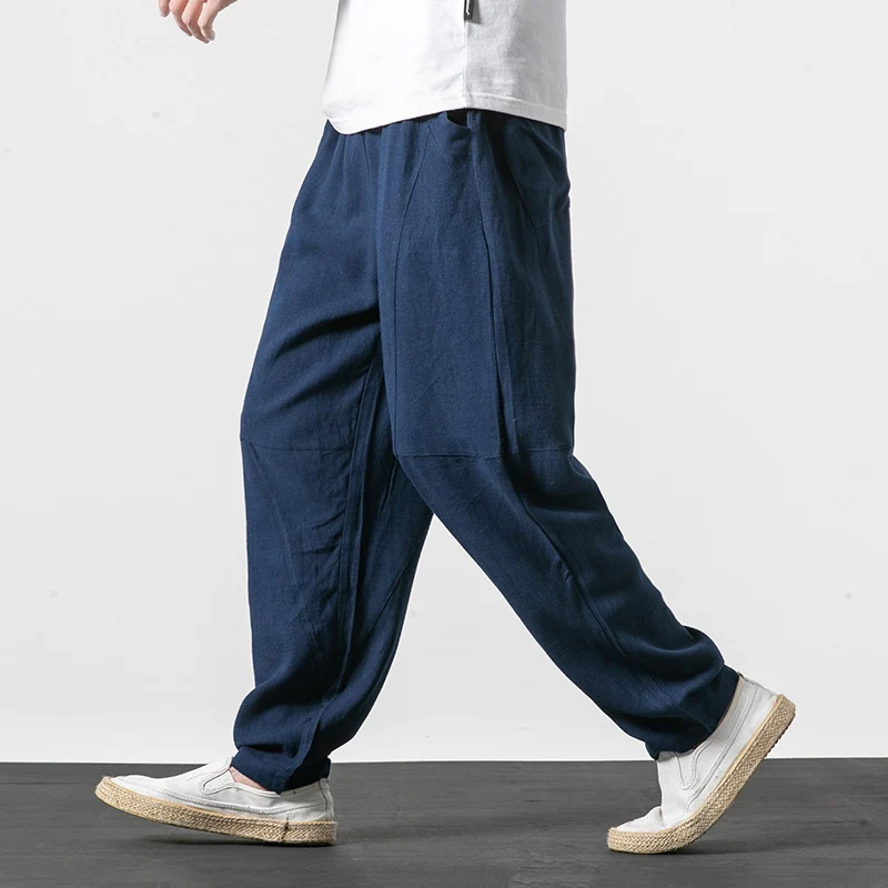 Herren Weiche Leinenmix-Loungehose mit tiefem Schritt, elastischem Bund und taillierter Beinverjüngung Nord Taschen