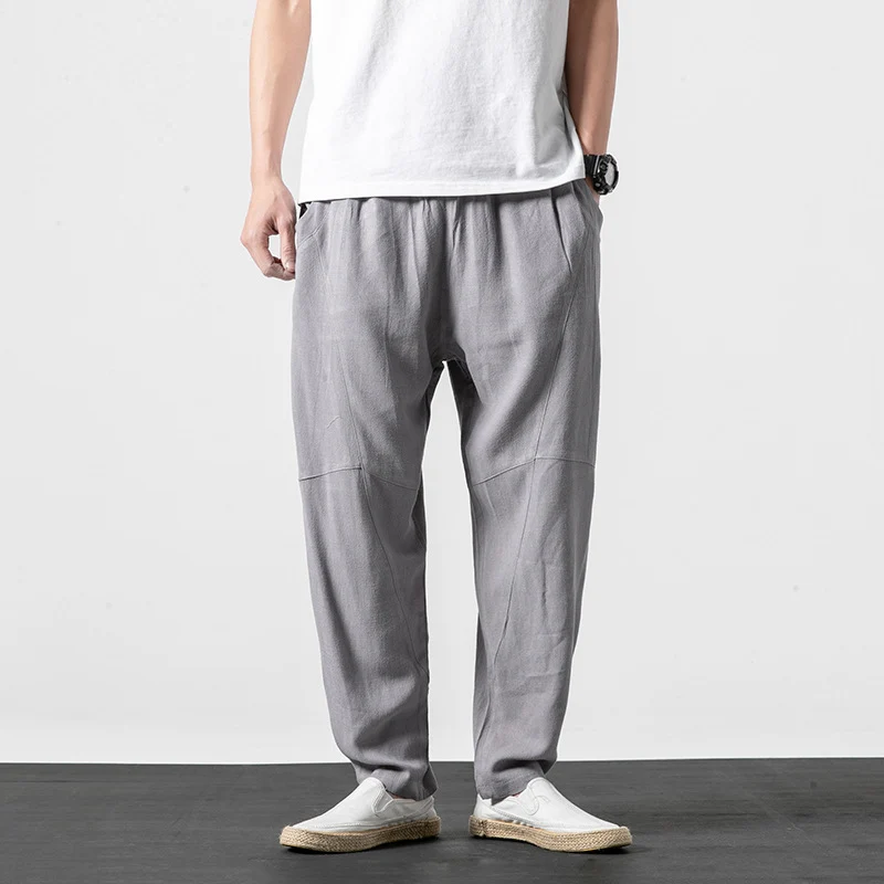 Herren Weiche Leinenmix-Loungehose mit tiefem Schritt, elastischem Bund und taillierter Beinverjüngung Nord Taschen