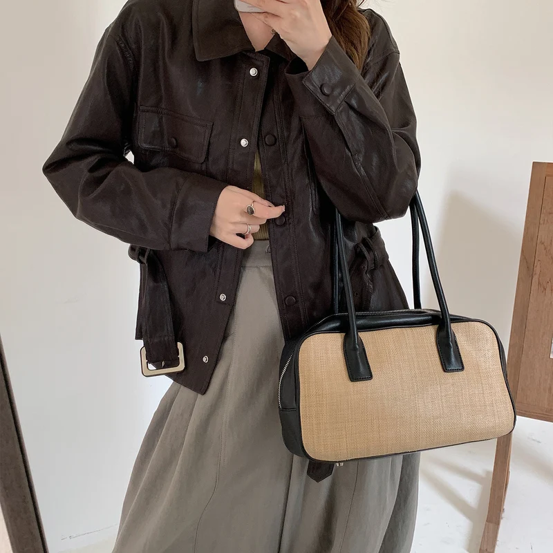 Damen Kurze Oversize-Lederjacke mit Taillenzug und Druckknopfleiste Nord Taschen