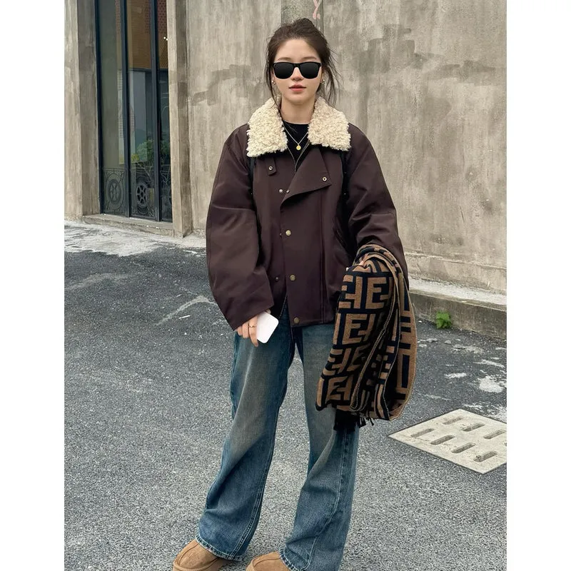 Damen Kurze Oversize-Boxy-Jacke mit Teddykragen und Druckknopfverschluss Nord Taschen