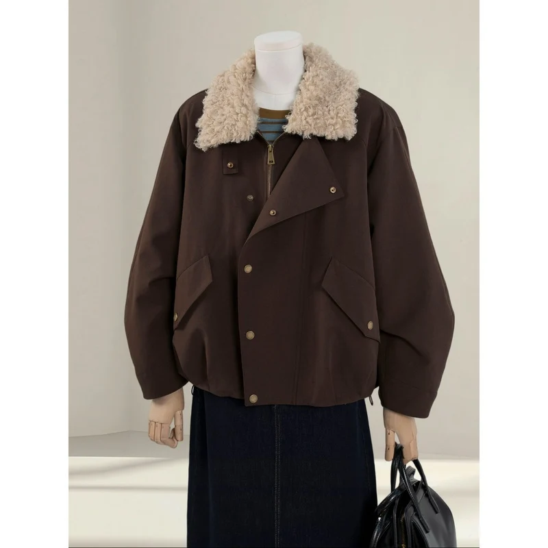 Damen Kurze Oversize-Bomberjacke mit Teddykragen und Druckknopfdetails Nord Taschen