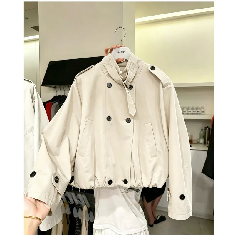 Damen Kurze Blouson‑Trenchjacke mit Stehkragen, doppelreihiger Knopfleiste und Gummizugsaum Nord Taschen