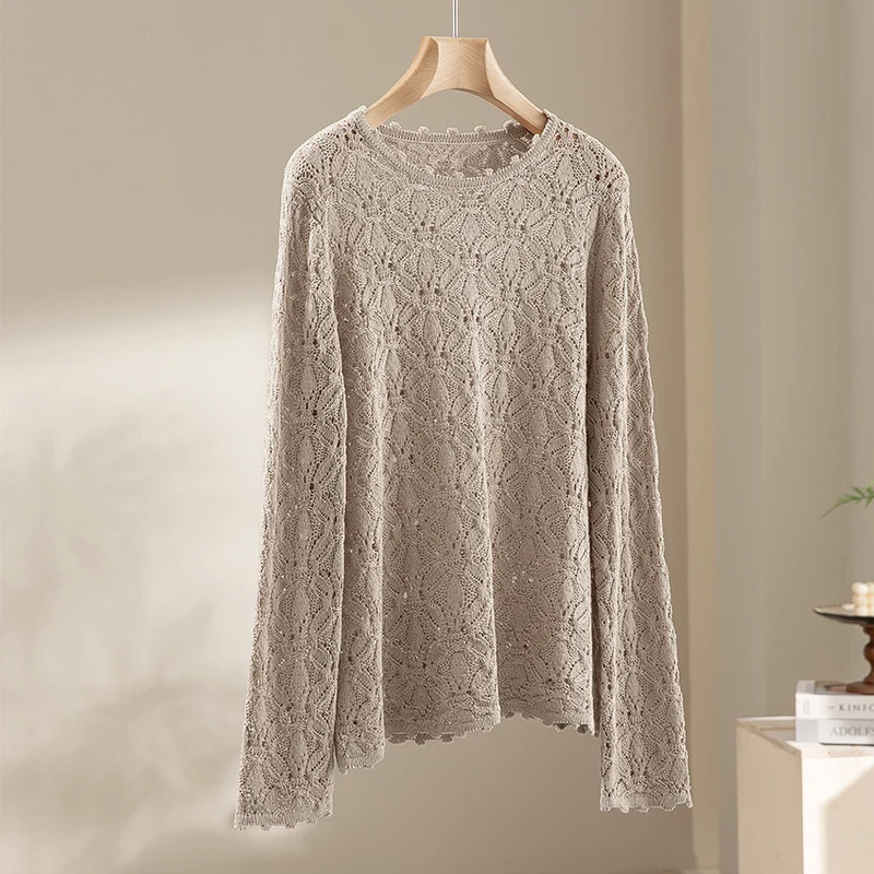 Damen Feines Häkel-Longsleeve mit floraler Lochmuster-Struktur und legerer Silhouette Nord Taschen