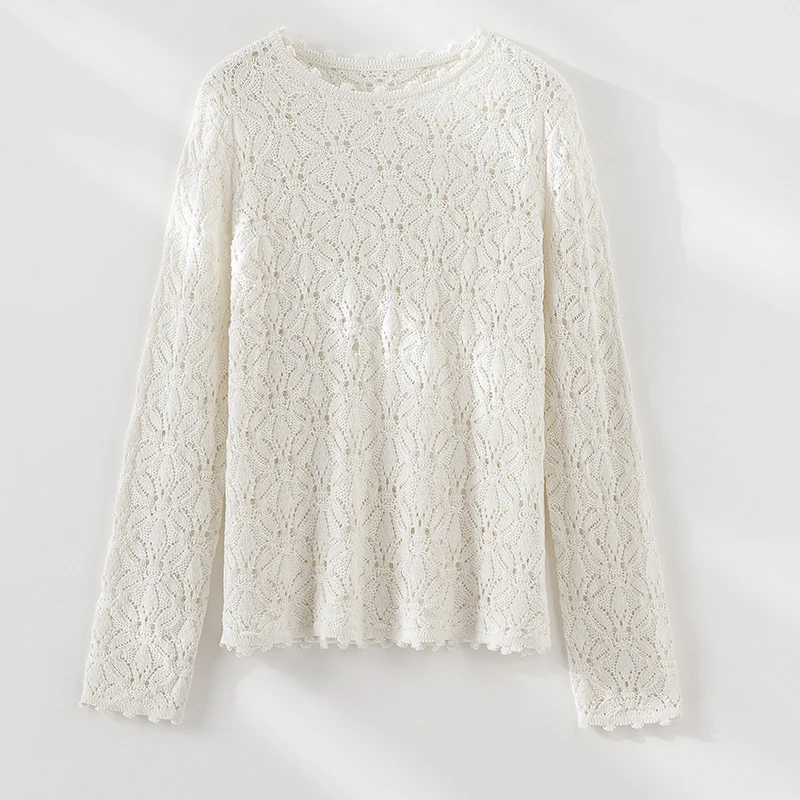 Damen Feines Häkel-Longsleeve mit floraler Lochmuster-Struktur und legerer Silhouette Nord Taschen