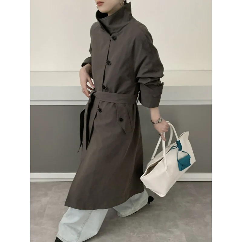 Damen Midilanger Trenchcoat mit hohem Stehkragen, Bindegürtel und lässiger Oversize-Silhouette Nord Taschen