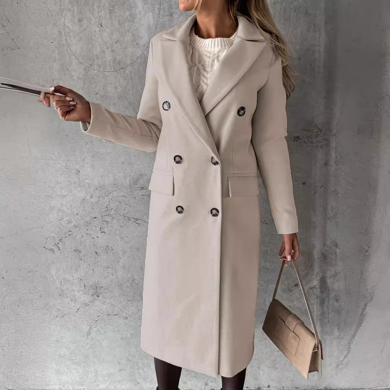 Damen Doppelreihiger Midilanger Wollmantel mit Reverskragen und taillierter Silhouette Nord Taschen