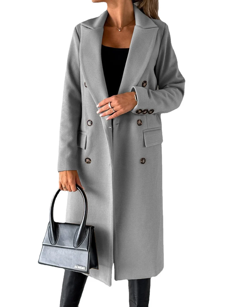 Damen Doppelreihiger Midilanger Wollmantel mit Reverskragen und taillierter Silhouette Nord Taschen
