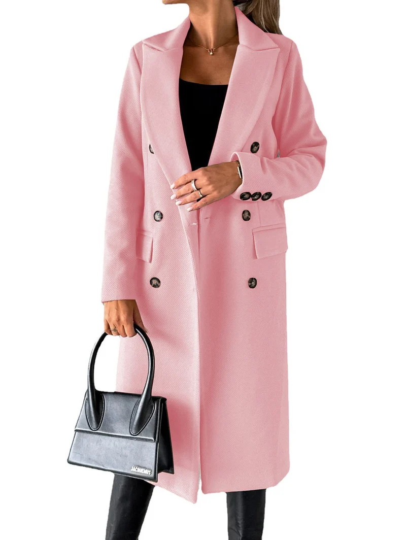 Damen Doppelreihiger Midilanger Wollmantel mit Reverskragen und taillierter Silhouette Nord Taschen