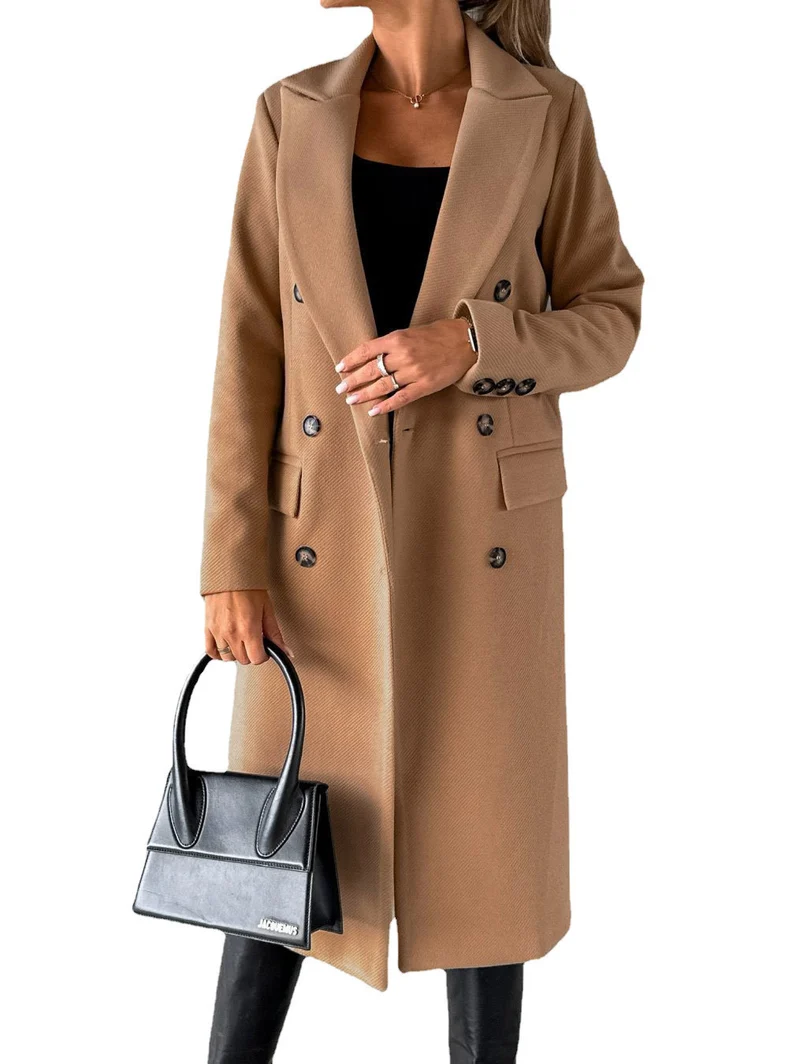 Damen Doppelreihiger Midilanger Wollmantel mit Reverskragen und taillierter Silhouette Nord Taschen