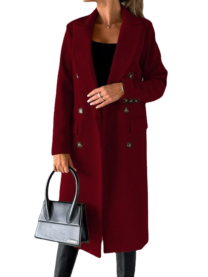 Damen Doppelreihiger Midilanger Wollmantel mit Reverskragen und taillierter Silhouette Nord Taschen
