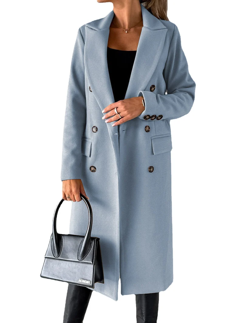 Damen Doppelreihiger Midilanger Wollmantel mit Reverskragen und taillierter Silhouette Nord Taschen