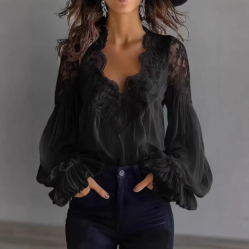 Damen Chiffon-Bluse mit Spitzen-V-Ausschnitt und weiten Plissee-Ärmeln Nord Taschen