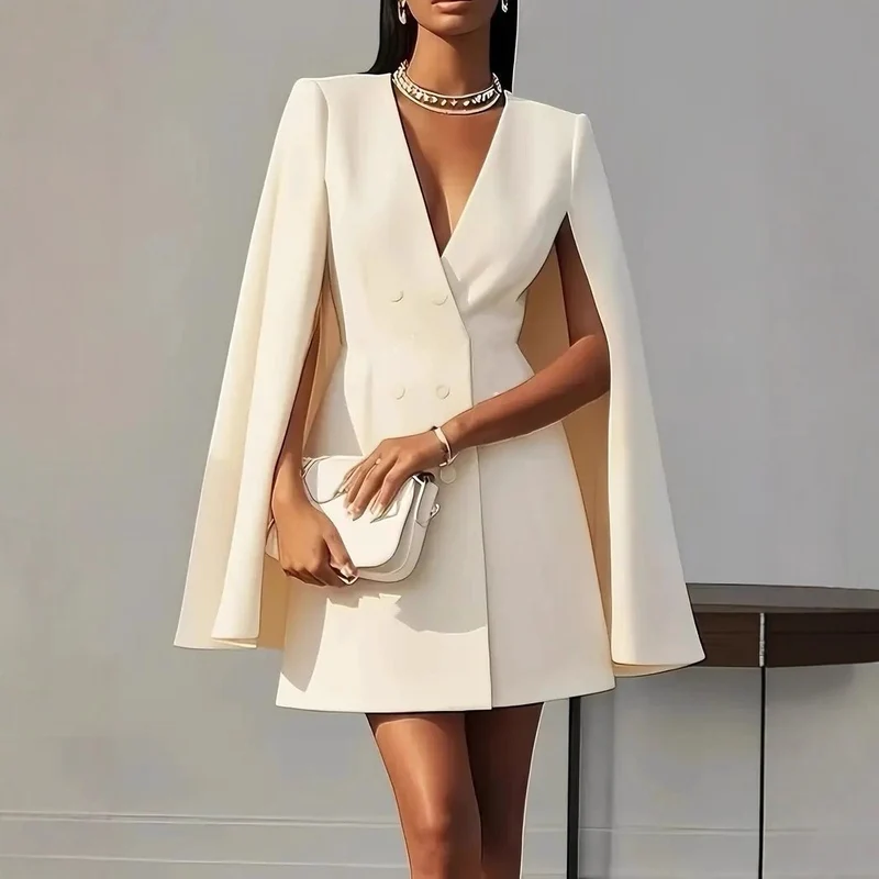 Damen Cape-Blazer-Kleid mit Doppelreihe und tiefem V-Ausschnitt Nord Taschen