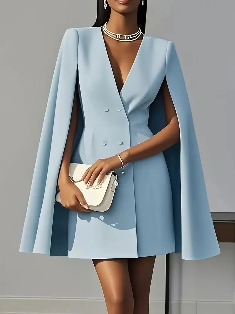 Damen Cape-Blazer-Kleid mit Doppelreihe und tiefem V-Ausschnitt Nord Taschen