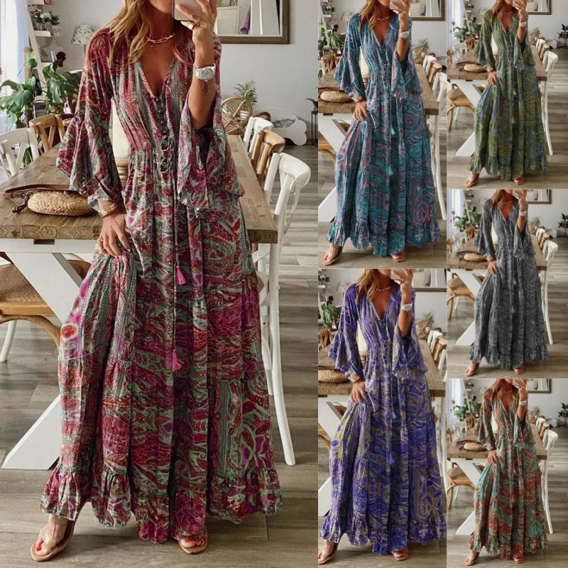 Damen Boho-Maxikleid mit Paisley‑Print, V‑Ausschnitt, Volantärmeln und Taillen‑Bindegürtel Nord Taschen